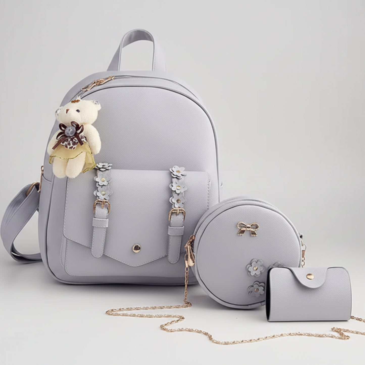 3 pcs Set Leather Shoulder Mini Backpack - Lily Bloom