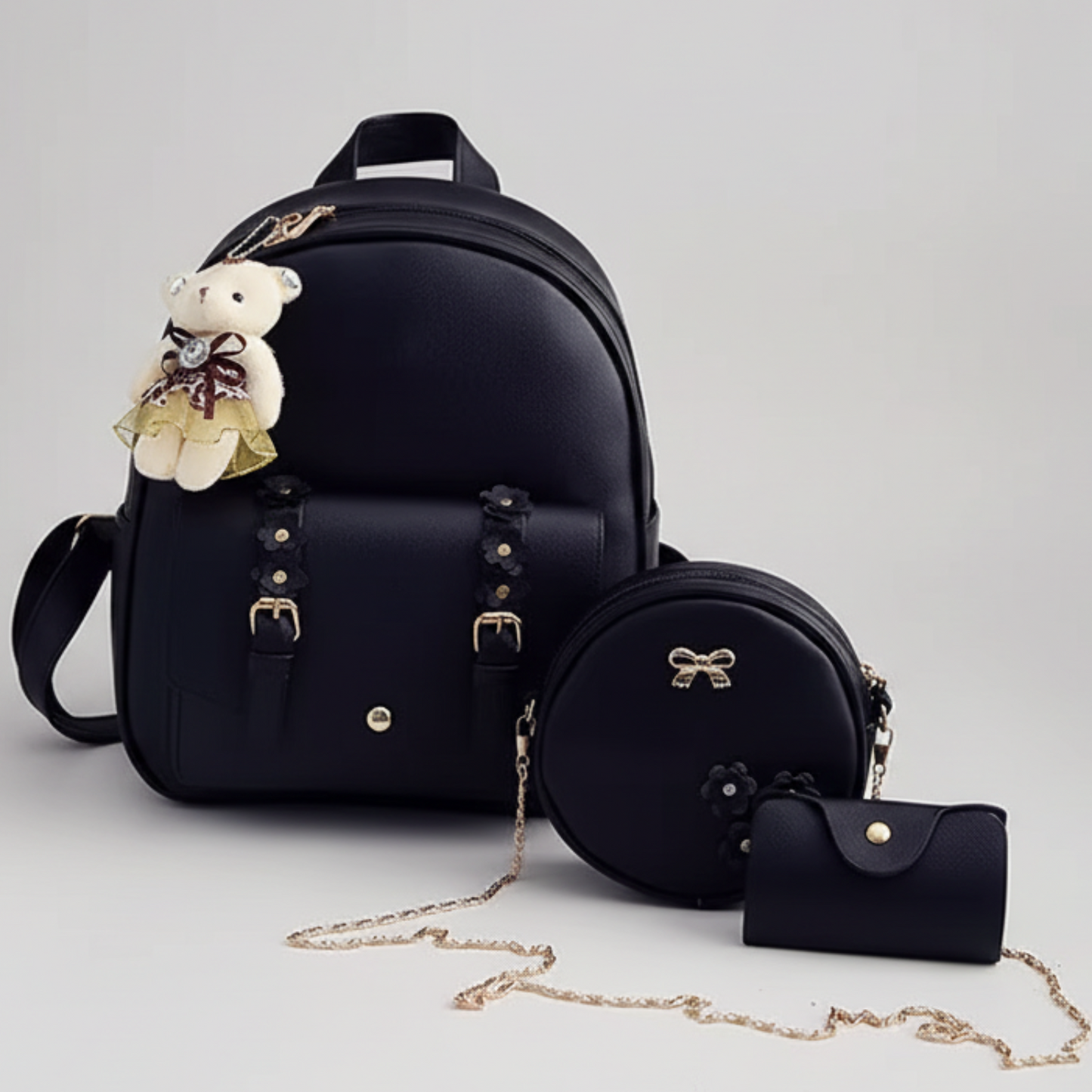 3 pcs Set Leather Shoulder Mini Backpack - Lily Bloom