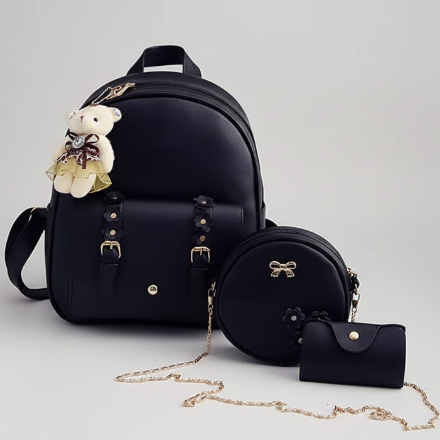 3 pcs Set Leather Shoulder Mini Backpack - Lily Bloom
