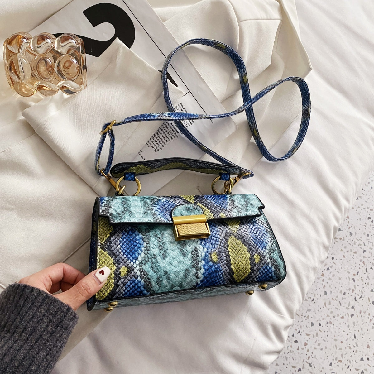 Vegan Leather Snakeskin Print Crossbody Bag