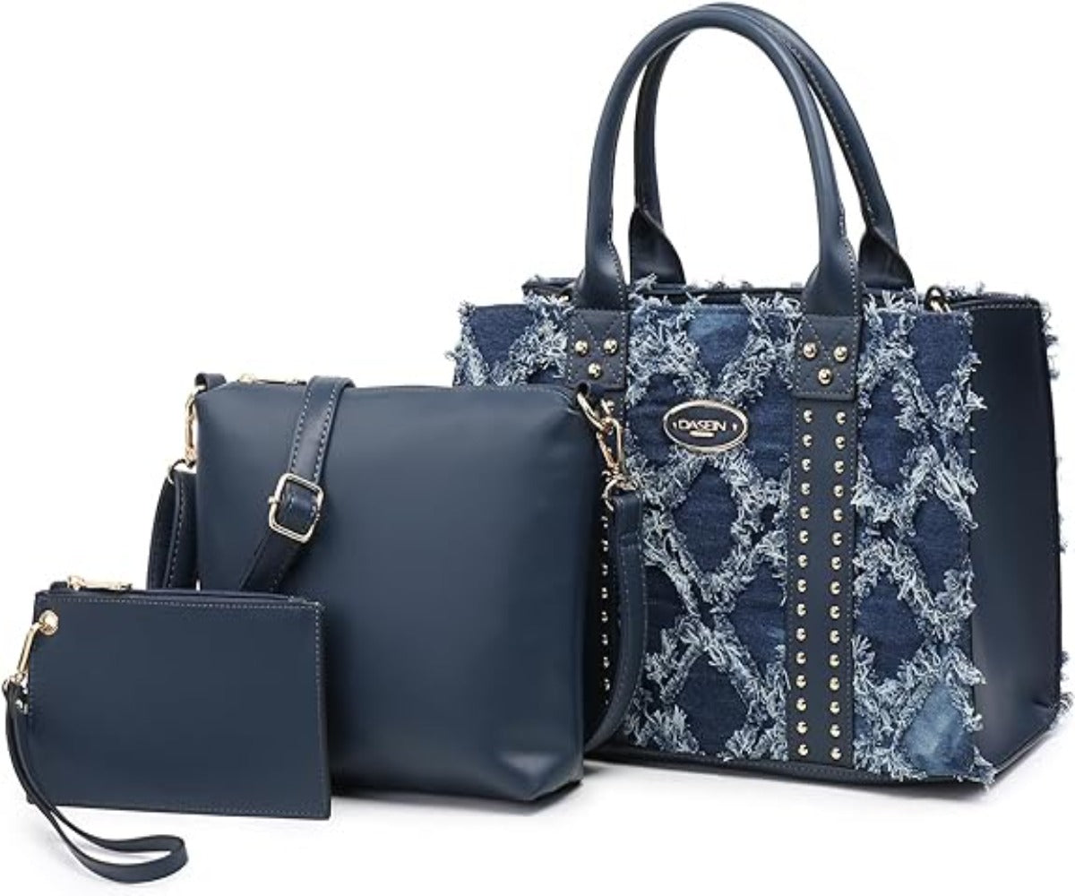 Vegan Leather Satchel Bag Shoulder Purse Top Handle Handbag 3pcs Set - Lily Bloom Store