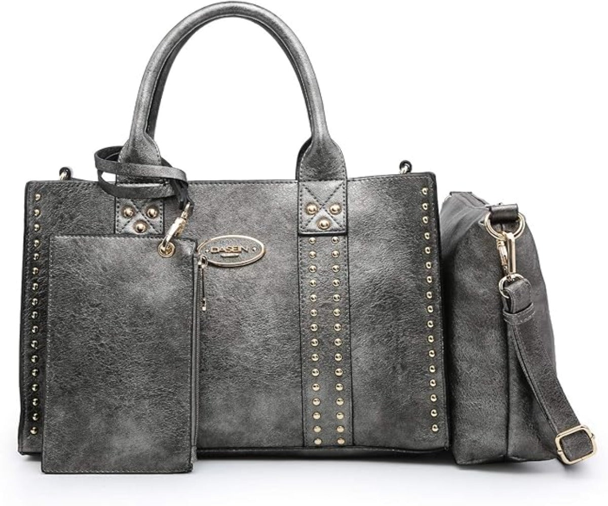 Vegan Leather Satchel Bag Shoulder Purse Top Handle Handbag 3pcs Set - Lily Bloom Store