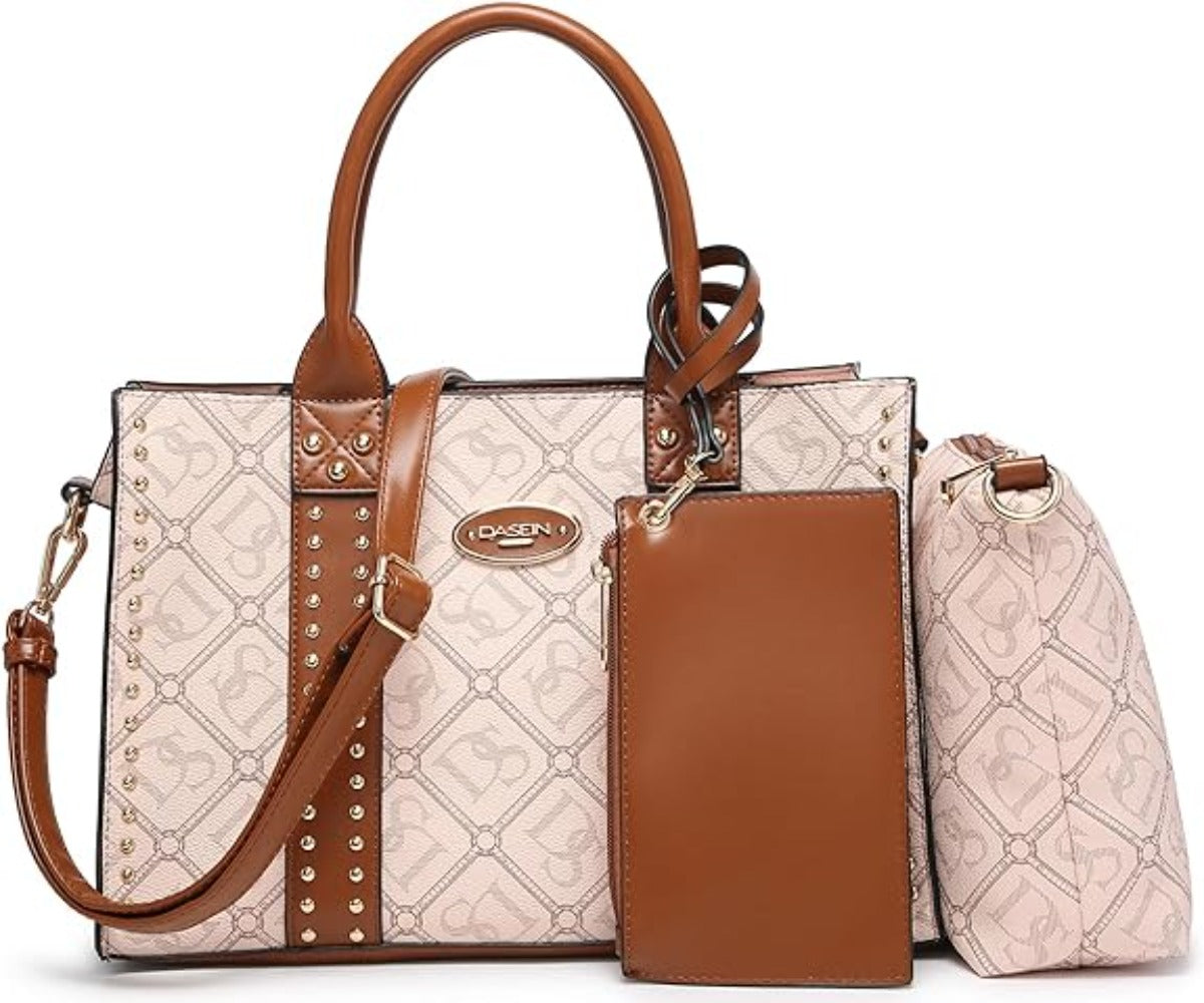 Vegan Leather Satchel Bag Shoulder Purse Top Handle Handbag 3pcs Set - Lily Bloom Store