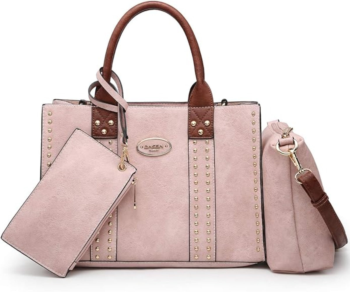 Vegan Leather Satchel Bag Shoulder Purse Top Handle Handbag 3pcs Set - Lily Bloom Store