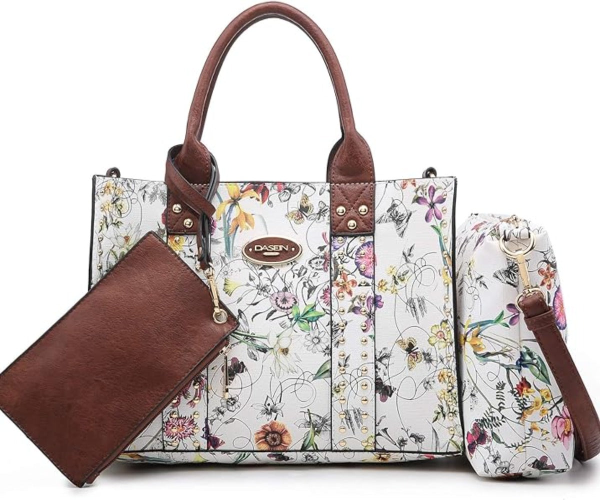 Vegan Leather Satchel Bag Shoulder Purse Top Handle Handbag 3pcs Set - Lily Bloom Store