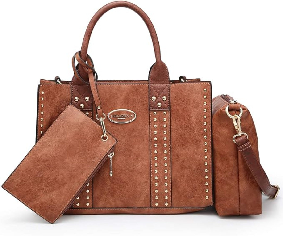 Vegan Leather Satchel Bag Shoulder Purse Top Handle Handbag 3pcs Set - Lily Bloom Store