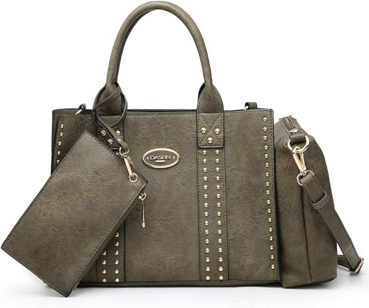 Vegan Leather Satchel Bag Shoulder Purse Top Handle Handbag 3pcs Set - Lily Bloom Store