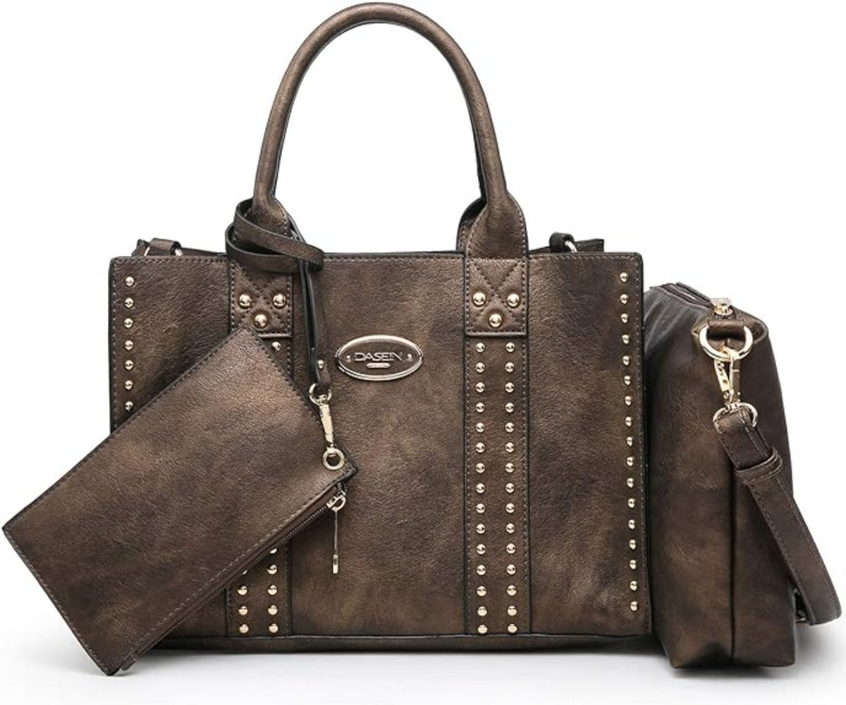 Vegan Leather Satchel Bag Shoulder Purse Top Handle Handbag 3pcs Set - Lily Bloom Store