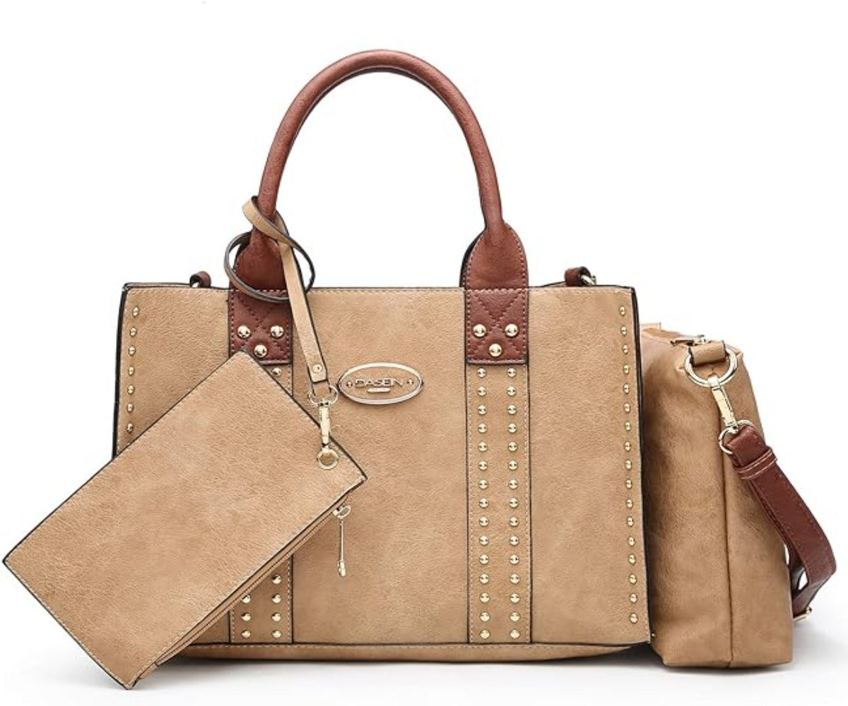 Vegan Leather Satchel Bag Shoulder Purse Top Handle Handbag 3pcs Set - Lily Bloom Store