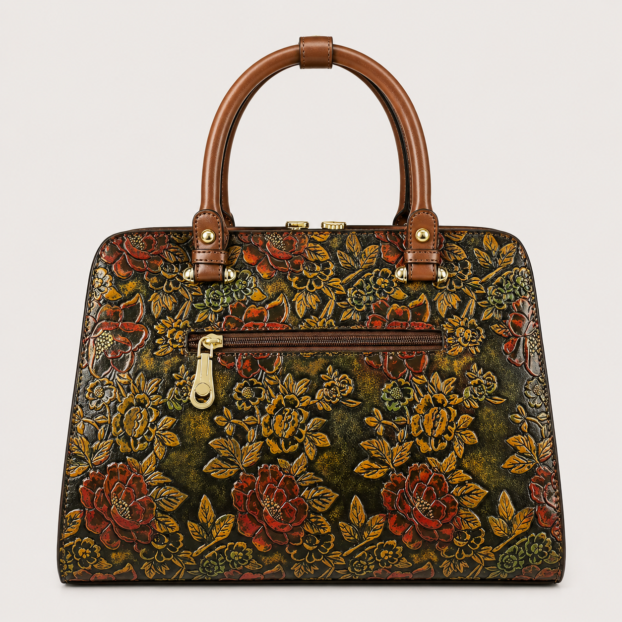 Back view floral vegan leather Boston handbag with exterior zipper pocket