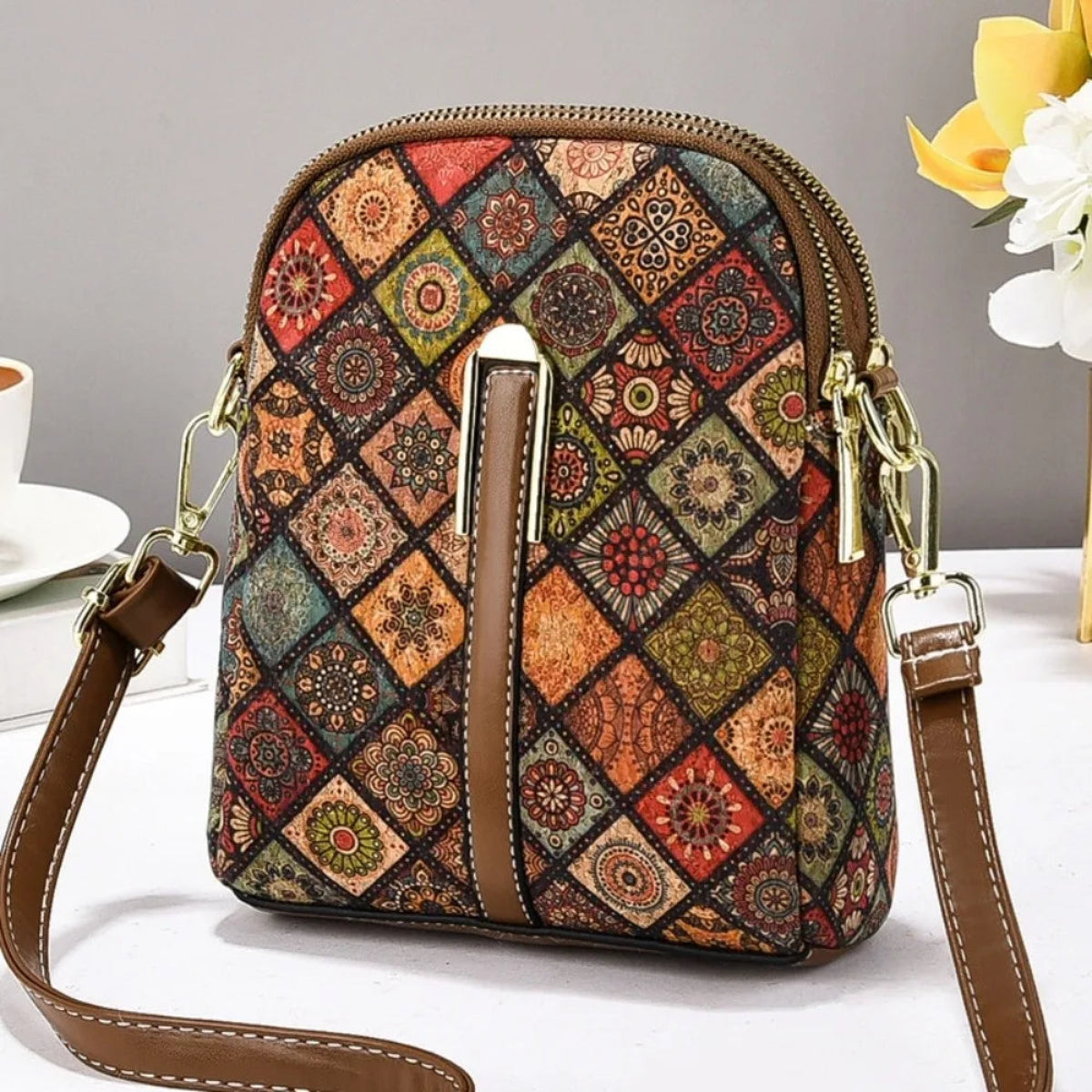 Boho Floral Vegan Leather Phone Crossbody Bag