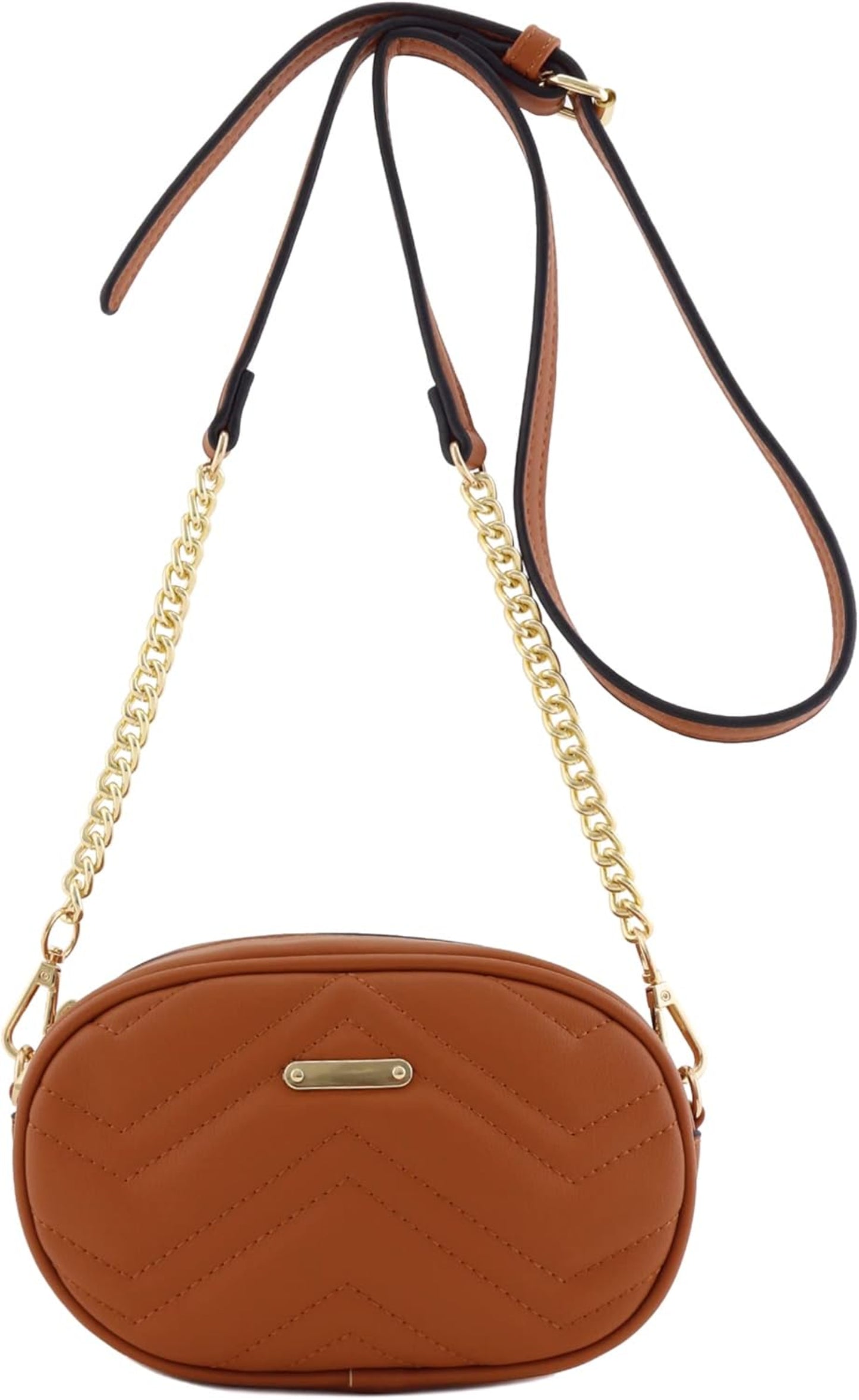 Brown quilted handbag with a gold chain strap