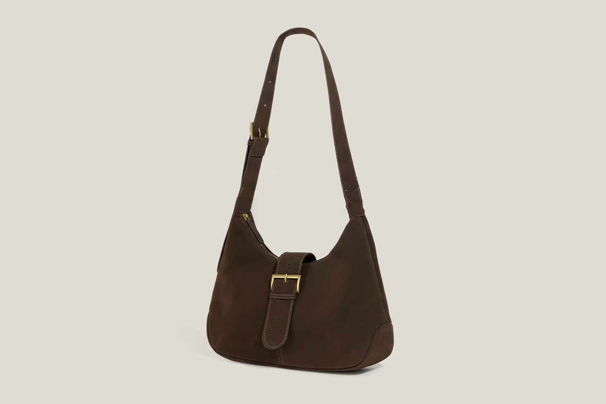 Buckle Accent Vegan Suede Hand Bag
