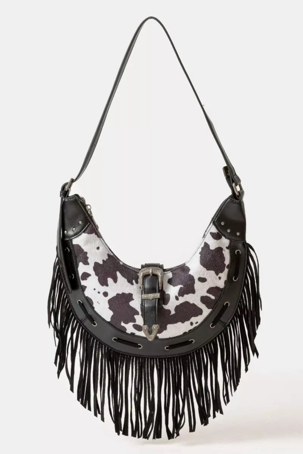 Cow Print Faux Leather Fringe Hobo Bag | Lily Bloom