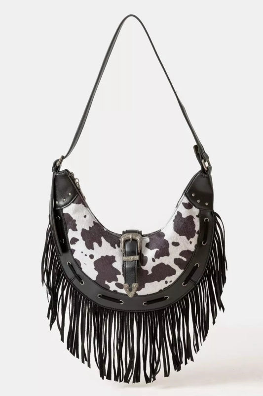 Cow Print Faux Leather Fringe Hobo Bag | Lily Bloom