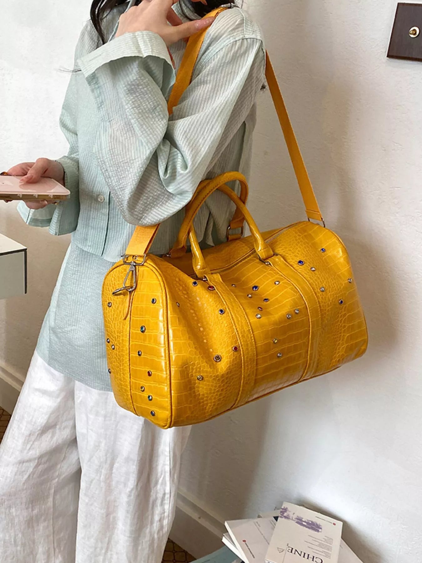 Crocodile Embossed Studded Vegan Leather Travel Bag