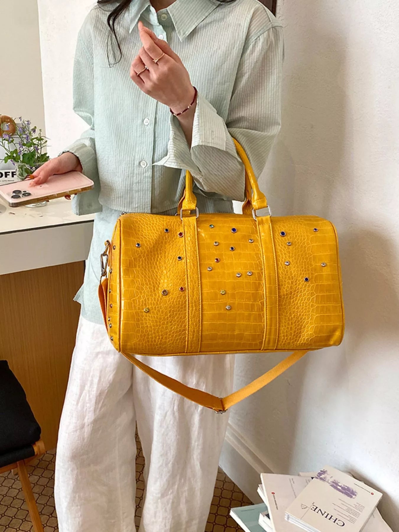 Crocodile Embossed Studded Vegan Leather Travel Bag