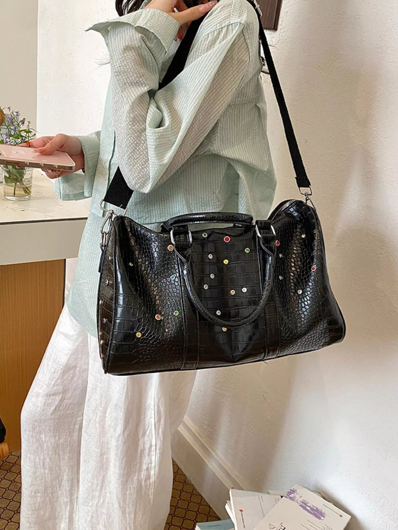 Crocodile Embossed Studded Vegan Leather Travel Bag