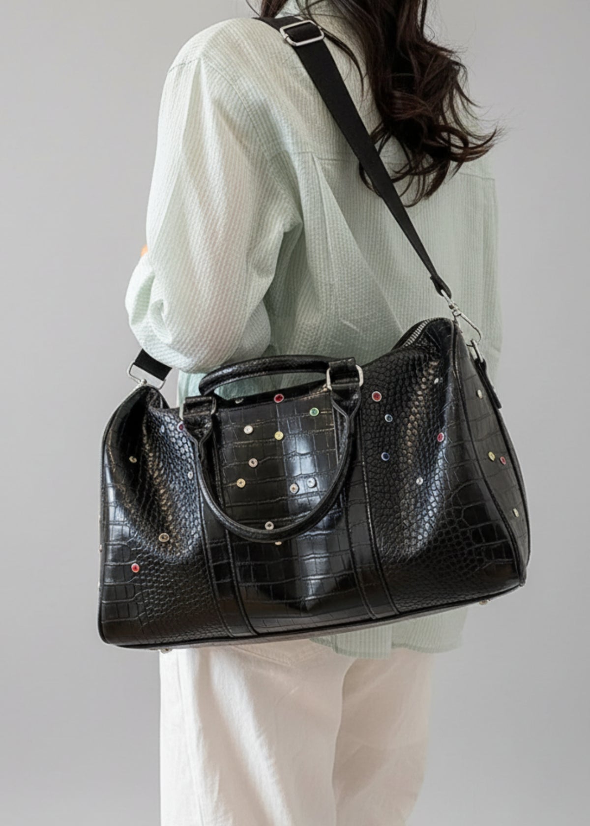Crocodile Embossed Studded Vegan Leather Travel Bag