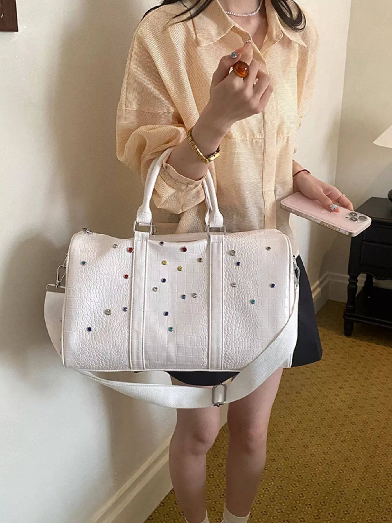 Crocodile Embossed Studded Vegan Leather Travel Bag