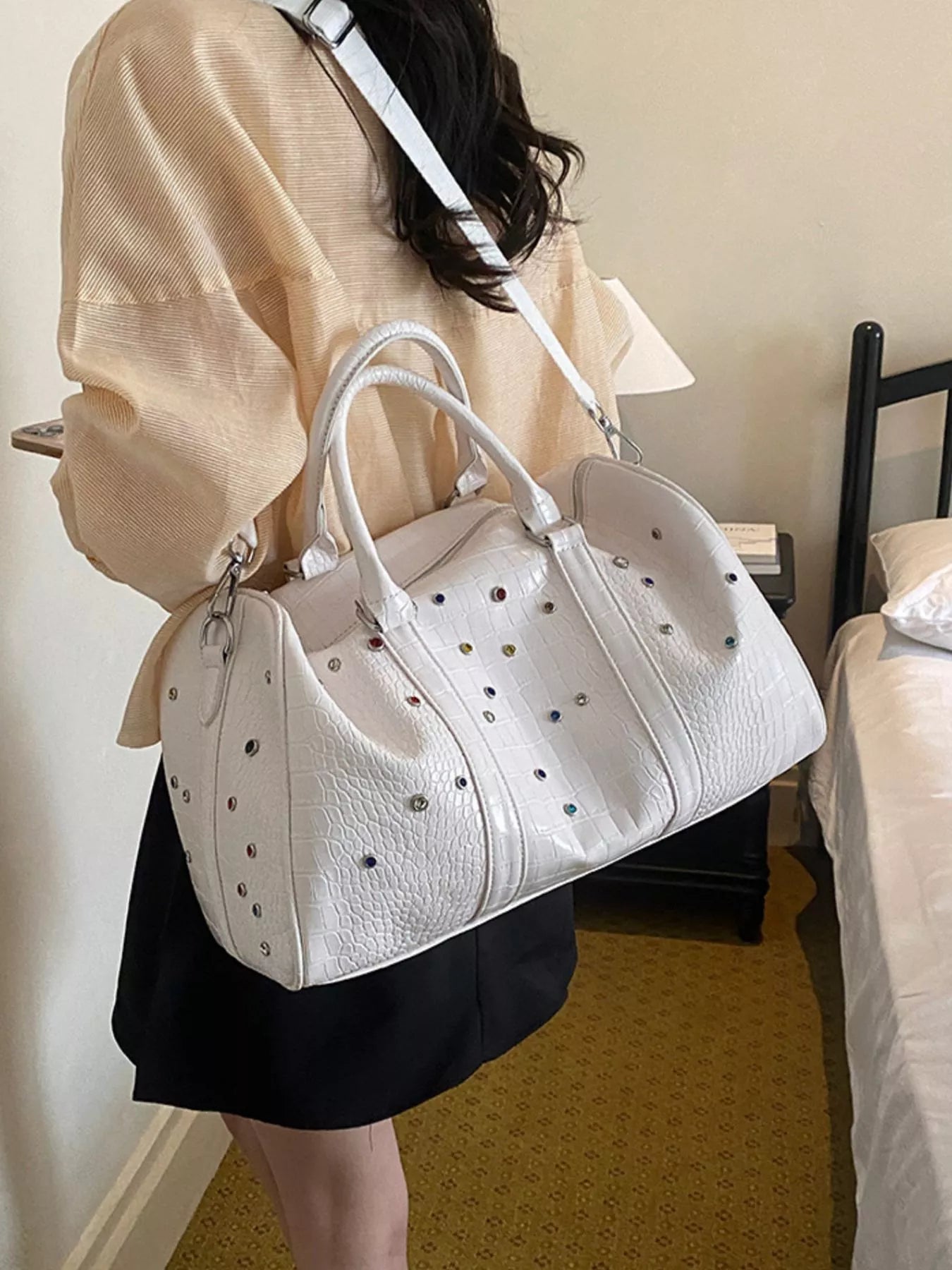 Crocodile Embossed Studded Vegan Leather Travel Bag