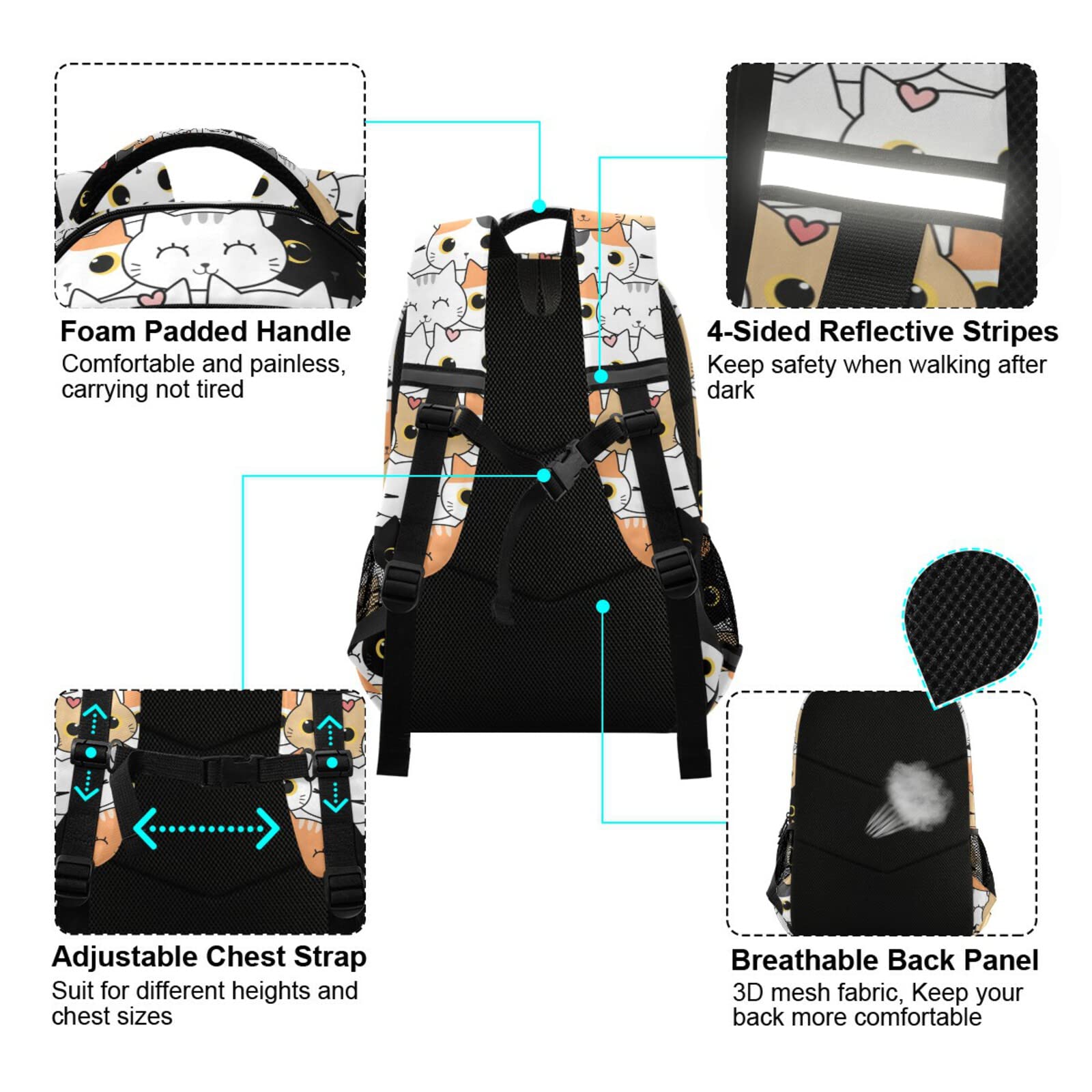 Cute Cat Wide Shoulder Strap Backpack Lightweight Reflective Strip