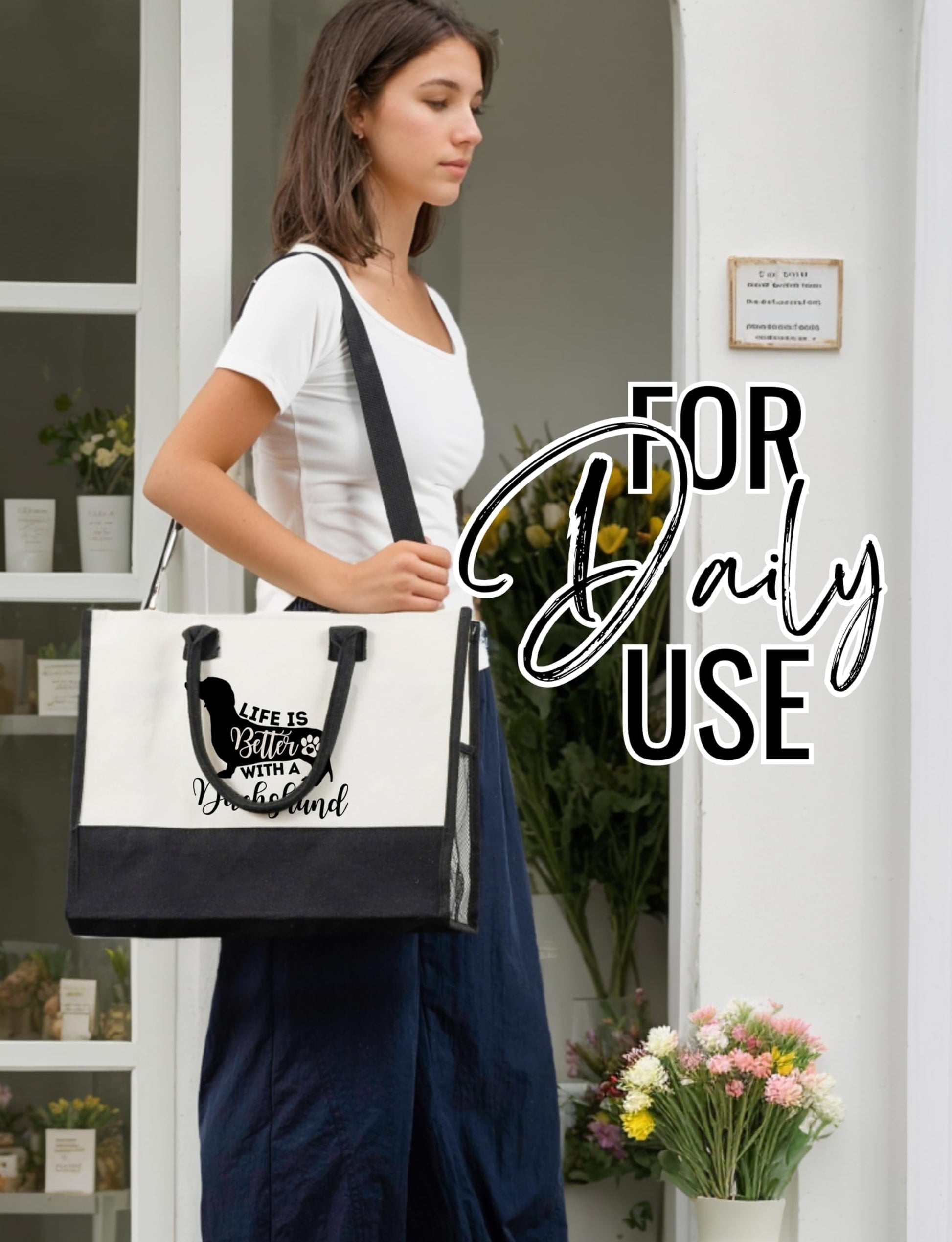 Dachshund Canvas Tote Bag with Top Zipper Closure and Shoulder Strap