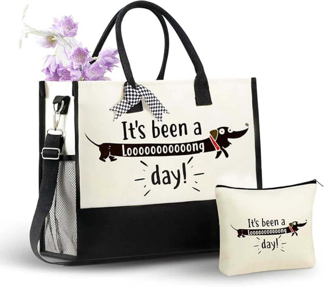 Dachshund Canvas Tote Bag with Top Zipper Closure and Shoulder Strap