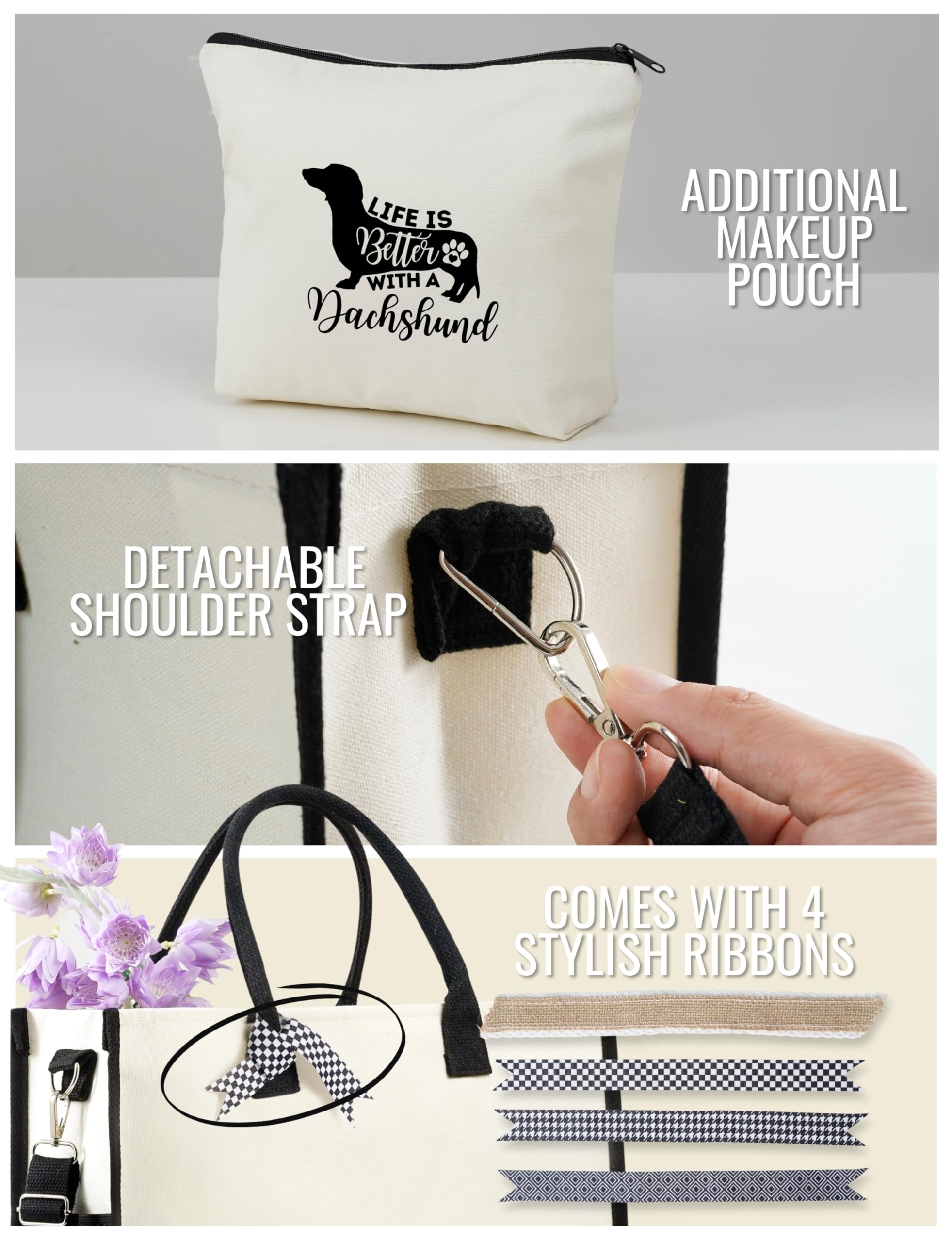 Dachshund Canvas Tote Bag with Top Zipper Closure and