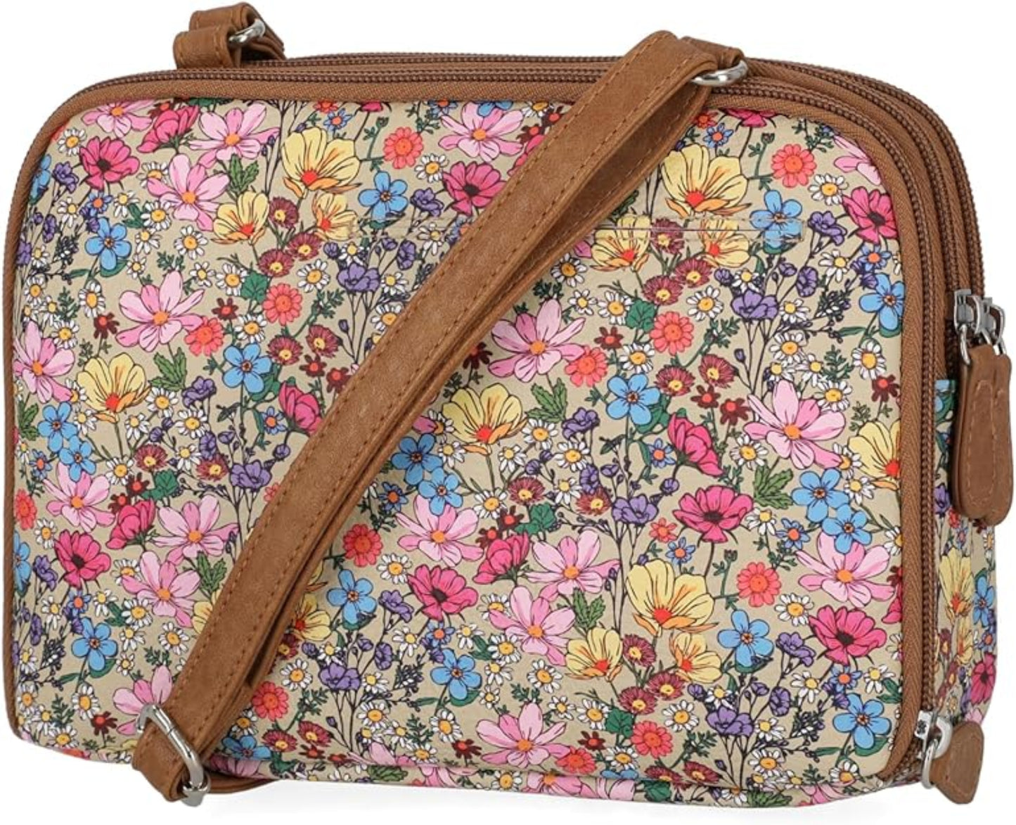 Floral-patterned handbag with a brown strap