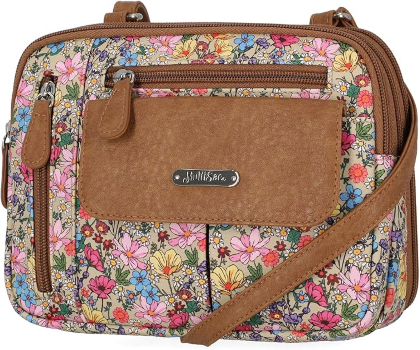 Floral-patterned handbag with brown flap