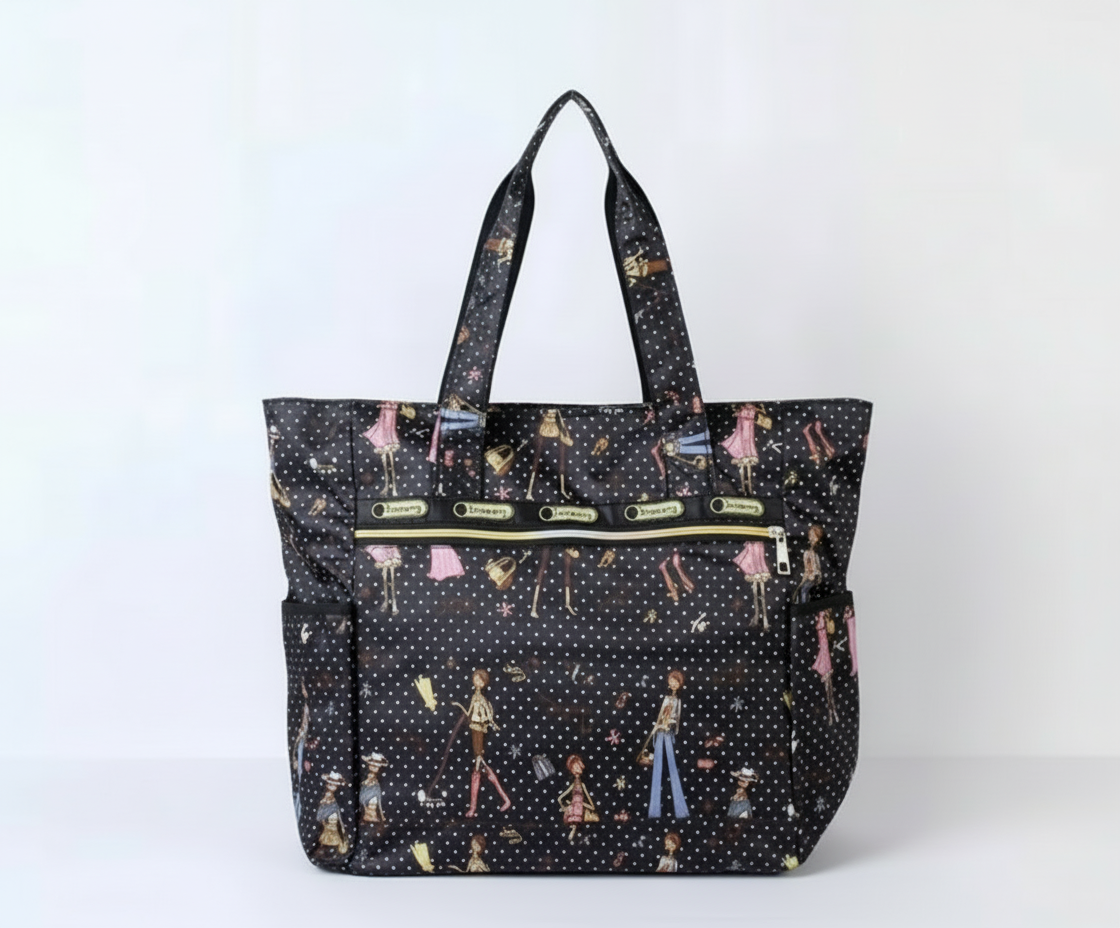 Black polka dot bag with colorful designs