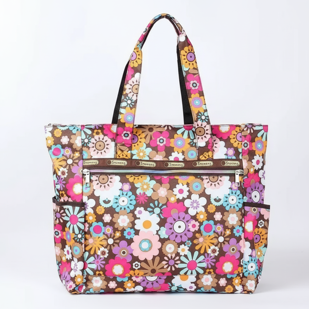 Floral Zipper Shoulder Bag Tote Bag Multi Pockets