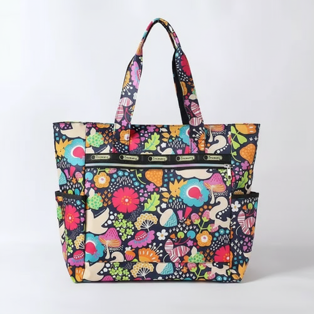 Colorful floral and animal patterned tote bag