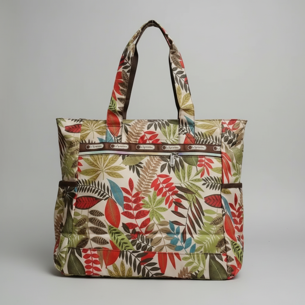Floral patterned bag with brown handles