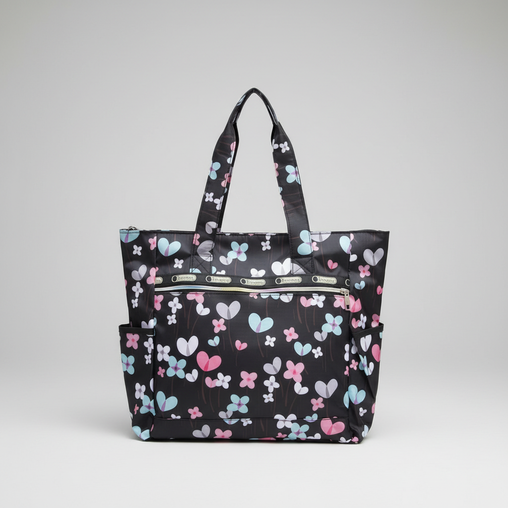 Black tote bag with colorful butterfly pattern