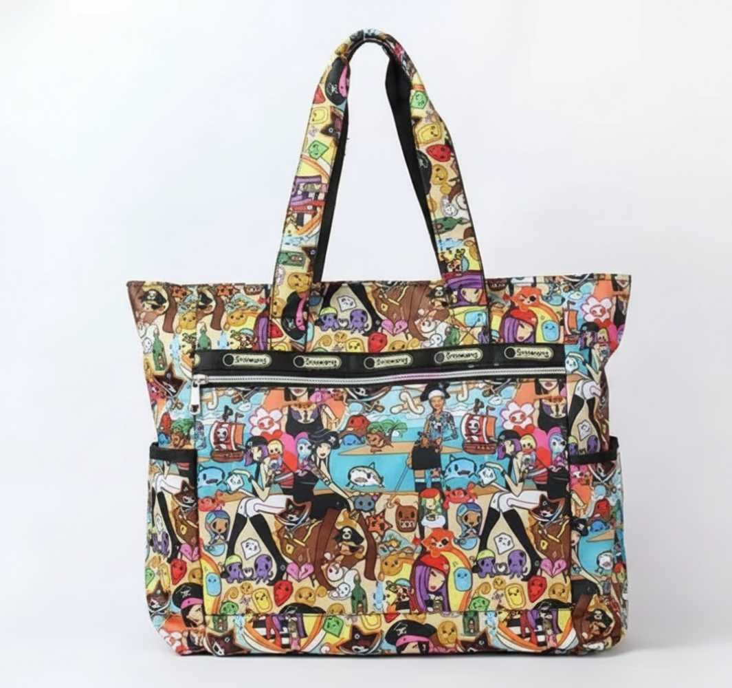 Colorful tote bag with cartoon character pattern