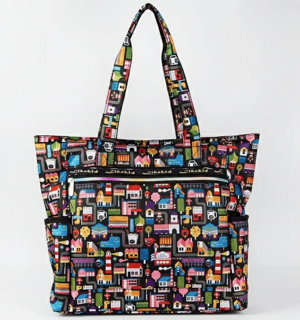 Tote bag with colorful geometric pattern
