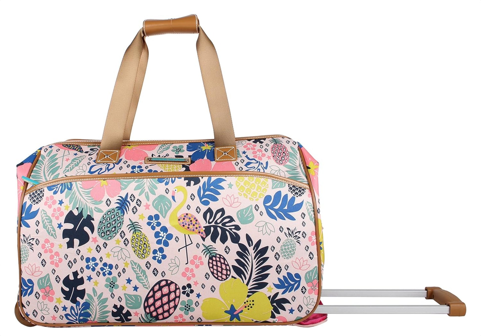 Floral patterned duffel bag with handle and wheels