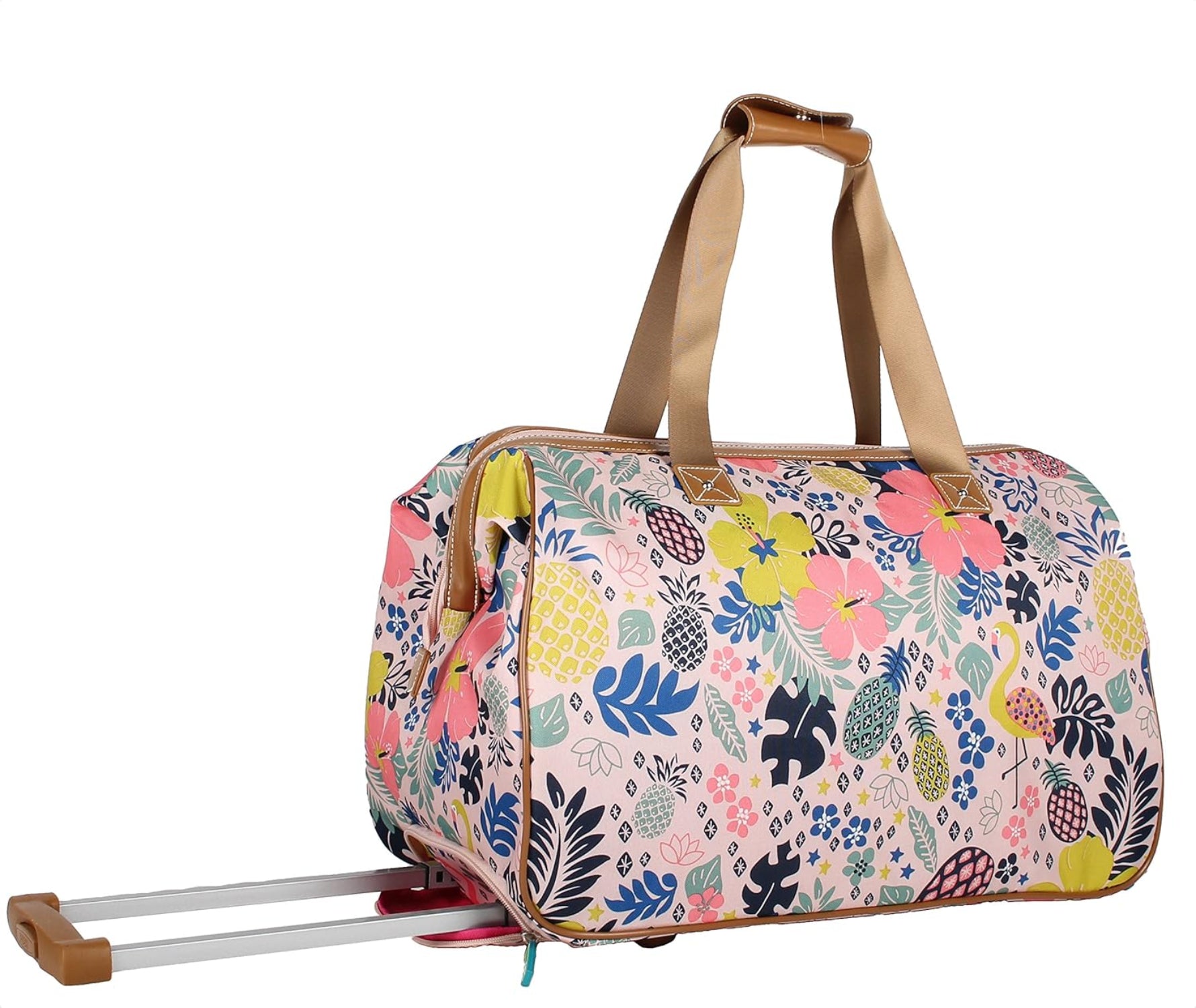 Floral patterned duffel bag with wheels