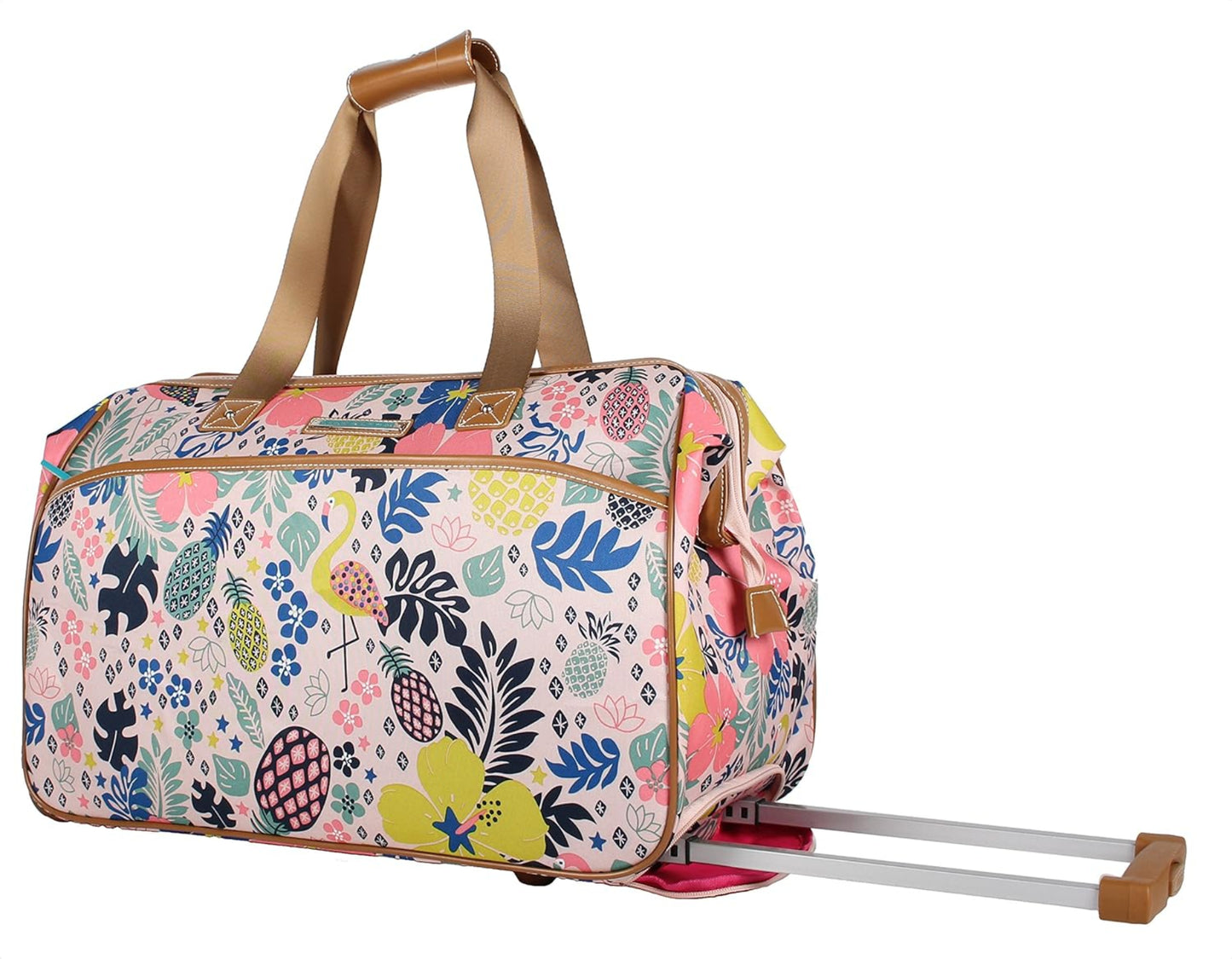 Floral patterned duffel bag with wheels 