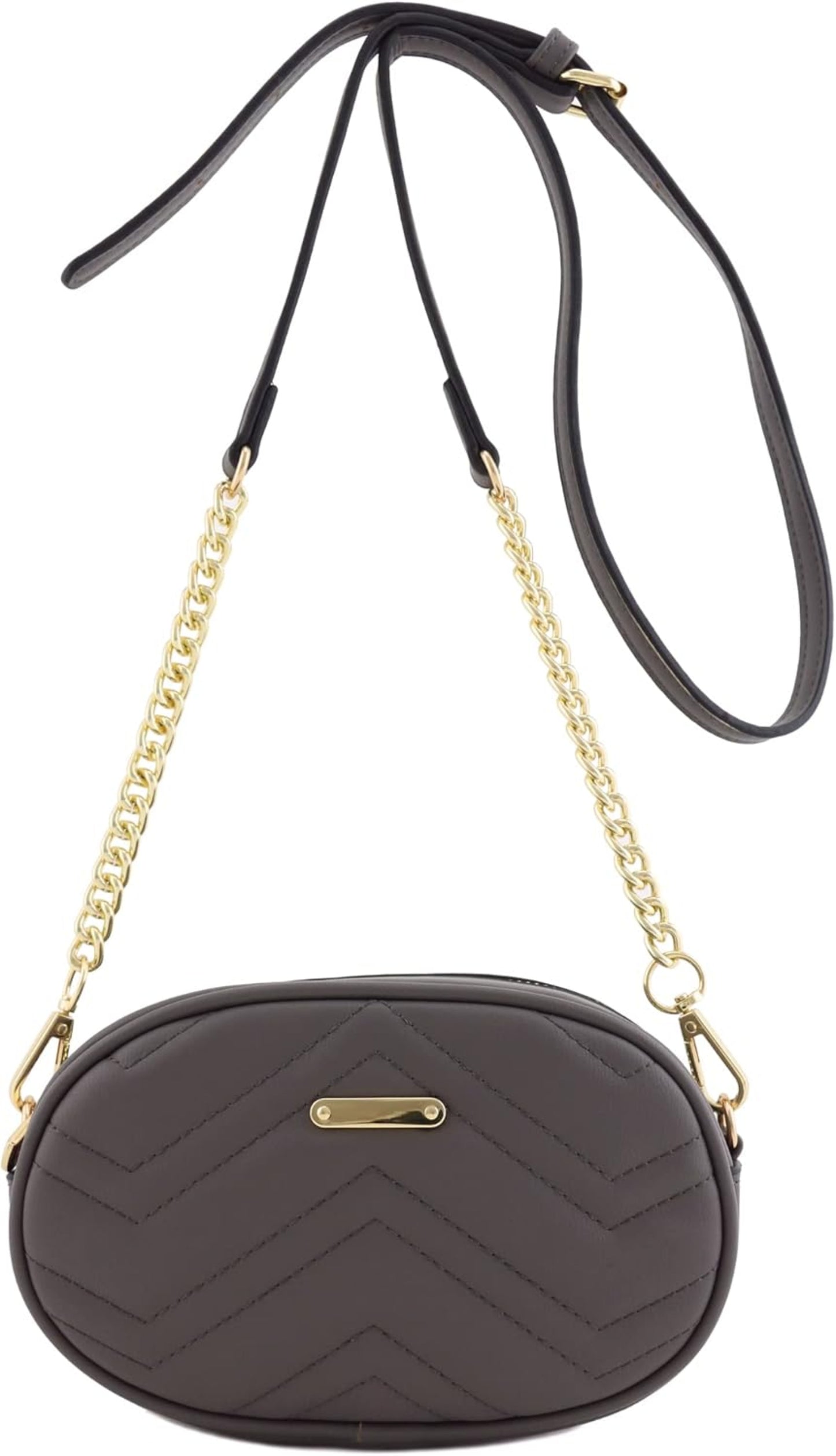 Gray crossbody bag with gold chain strap