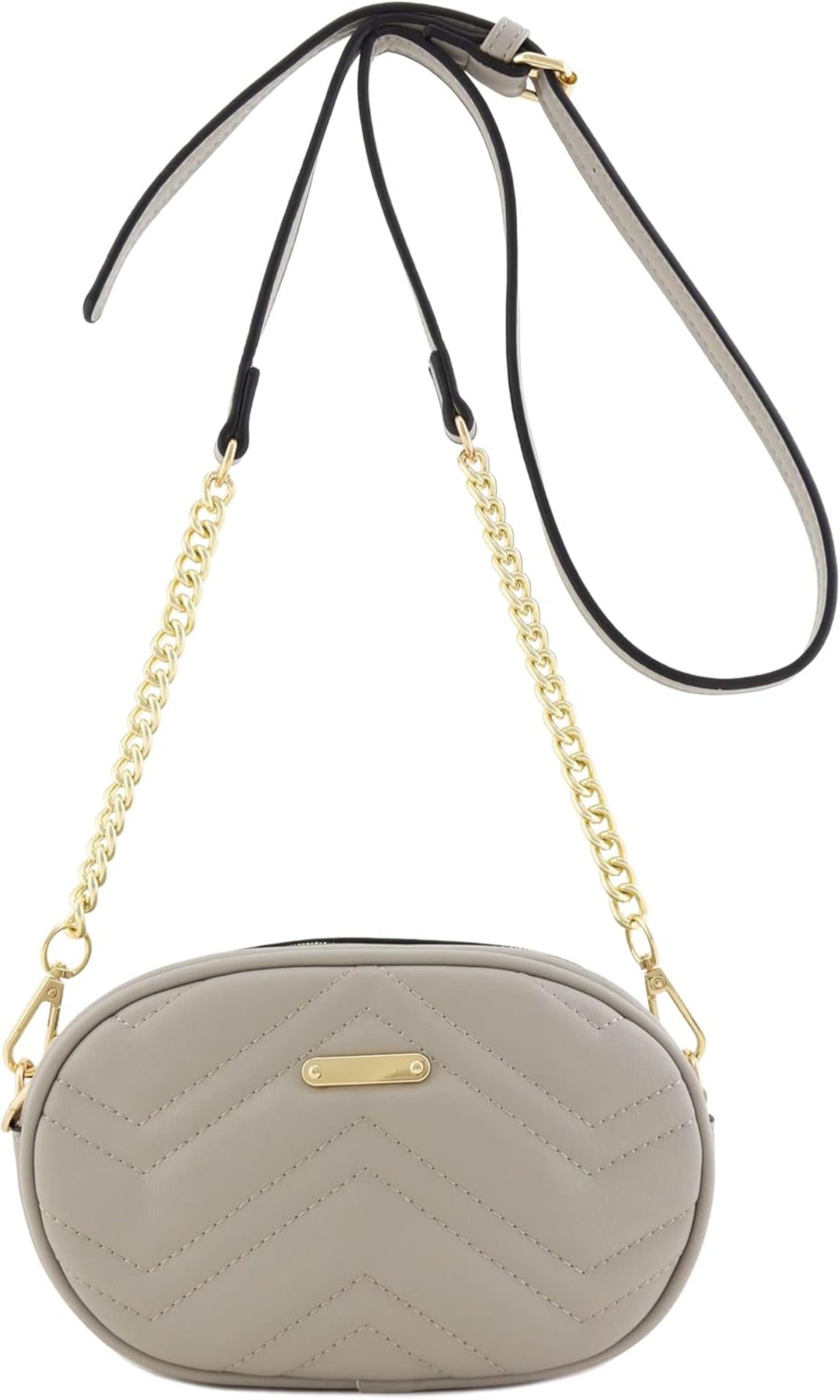 Gray quilted handbag with a gold chain strap