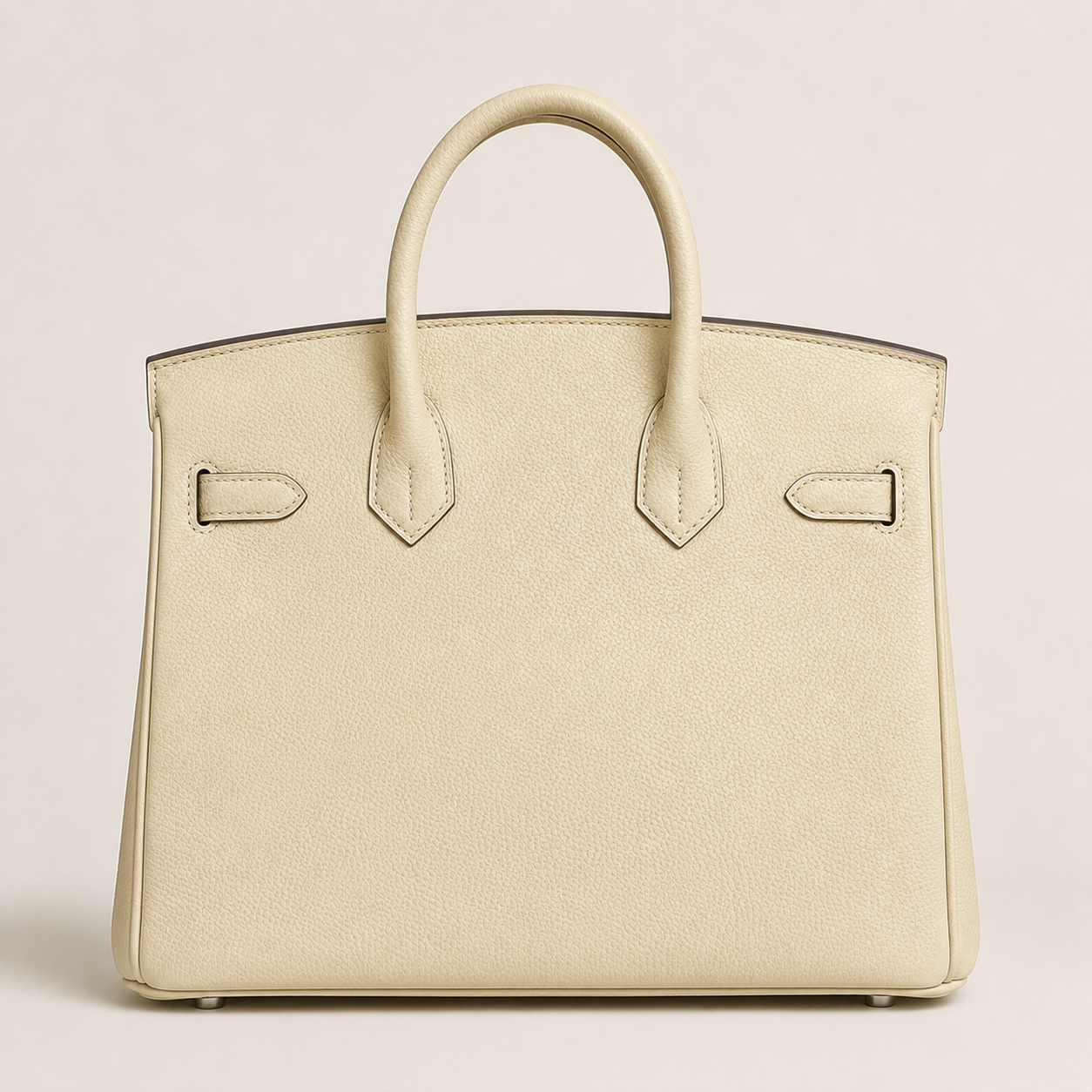 Ivory genuine leather handbag side view with rolled top handles