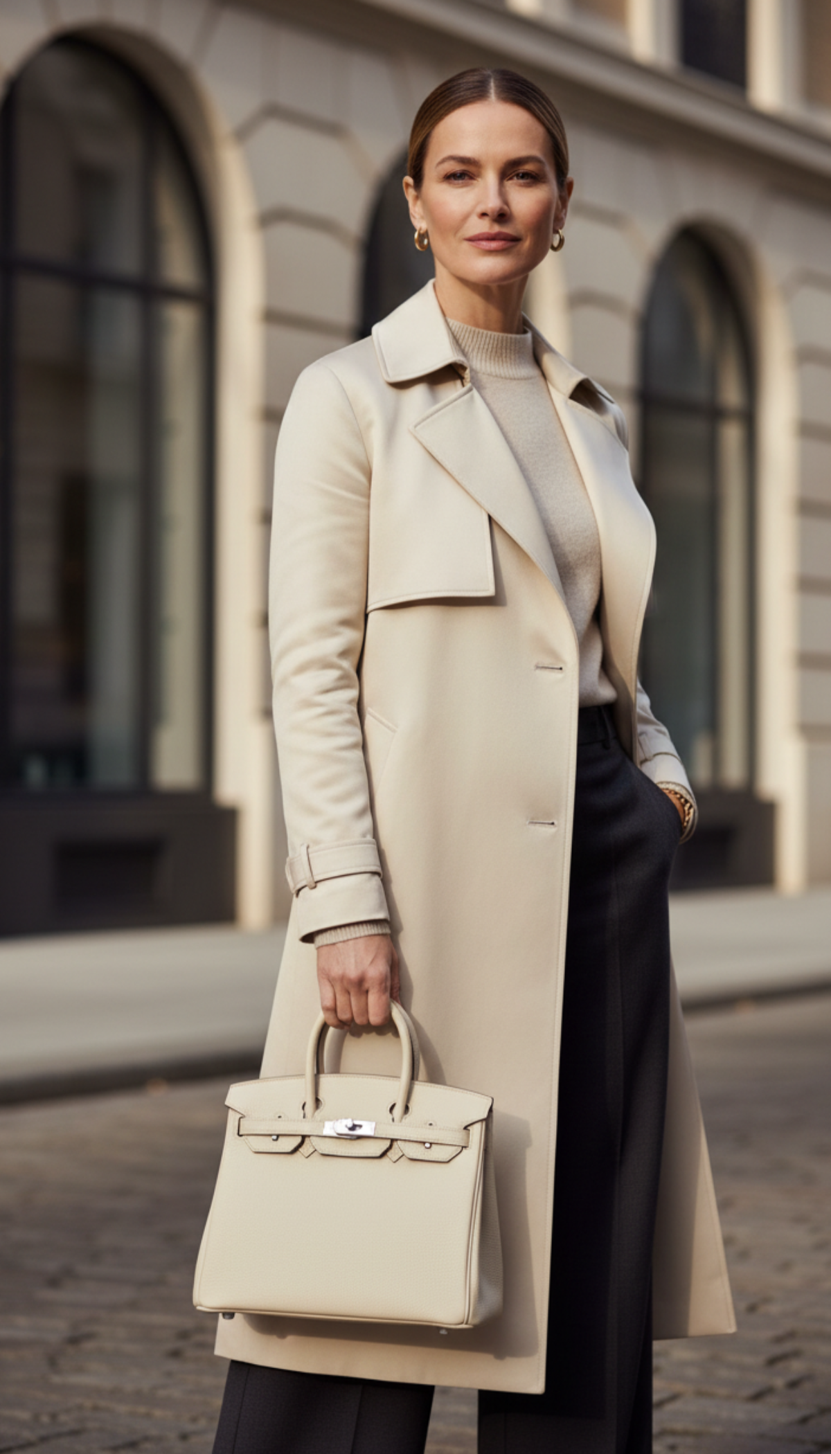 Ivory genuine leather structured top handle handbag with turn-lock closure