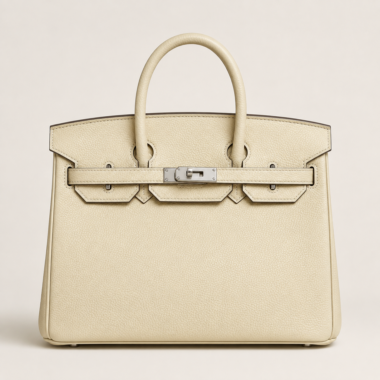 Ivory genuine leather structured top handle handbag with turn-lock closure