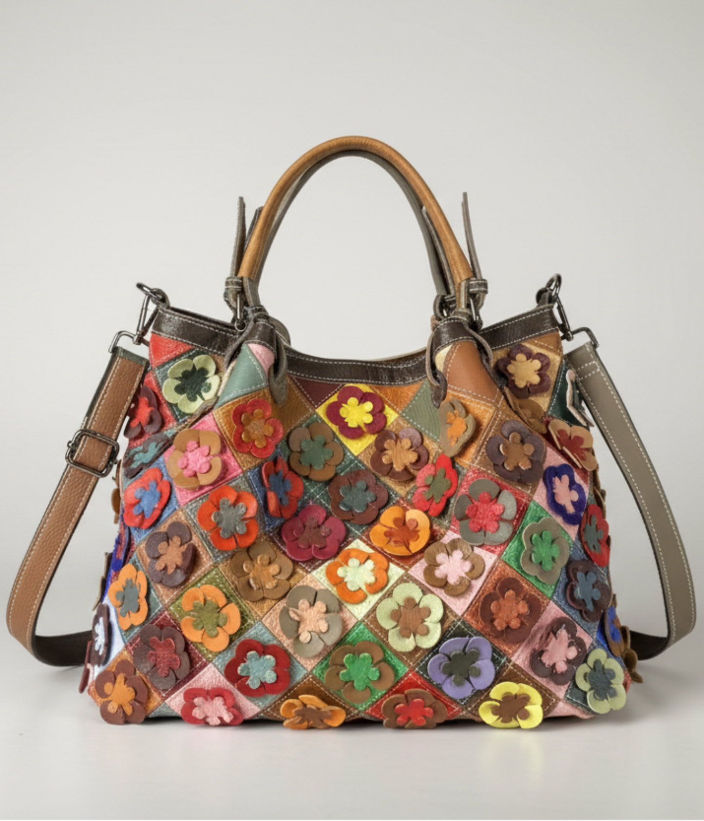 Colorful patchwork handbag with floral patterns