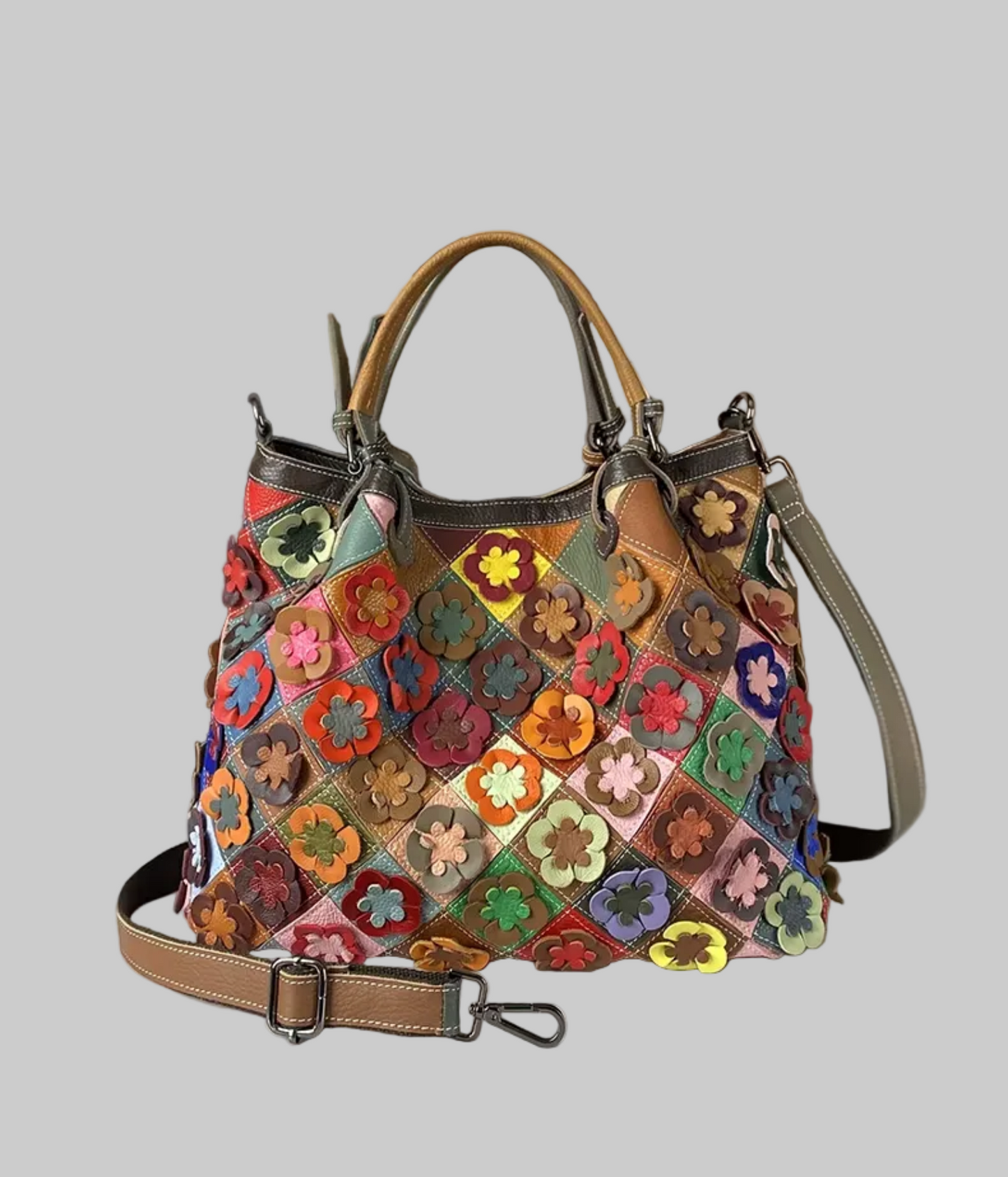 Multicolored floral-patterned handbag