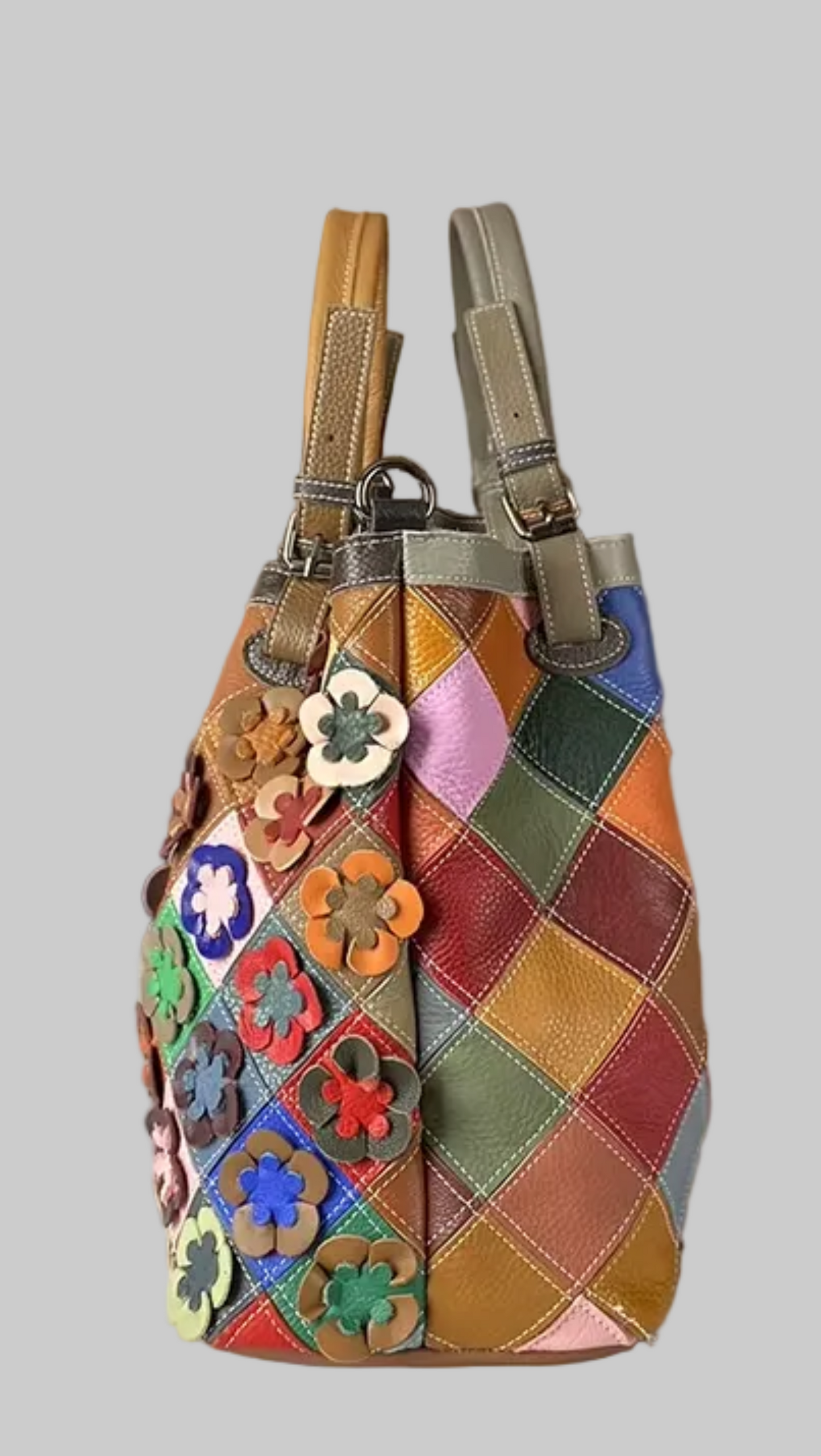 Colorful patchwork handbag with floral decorations