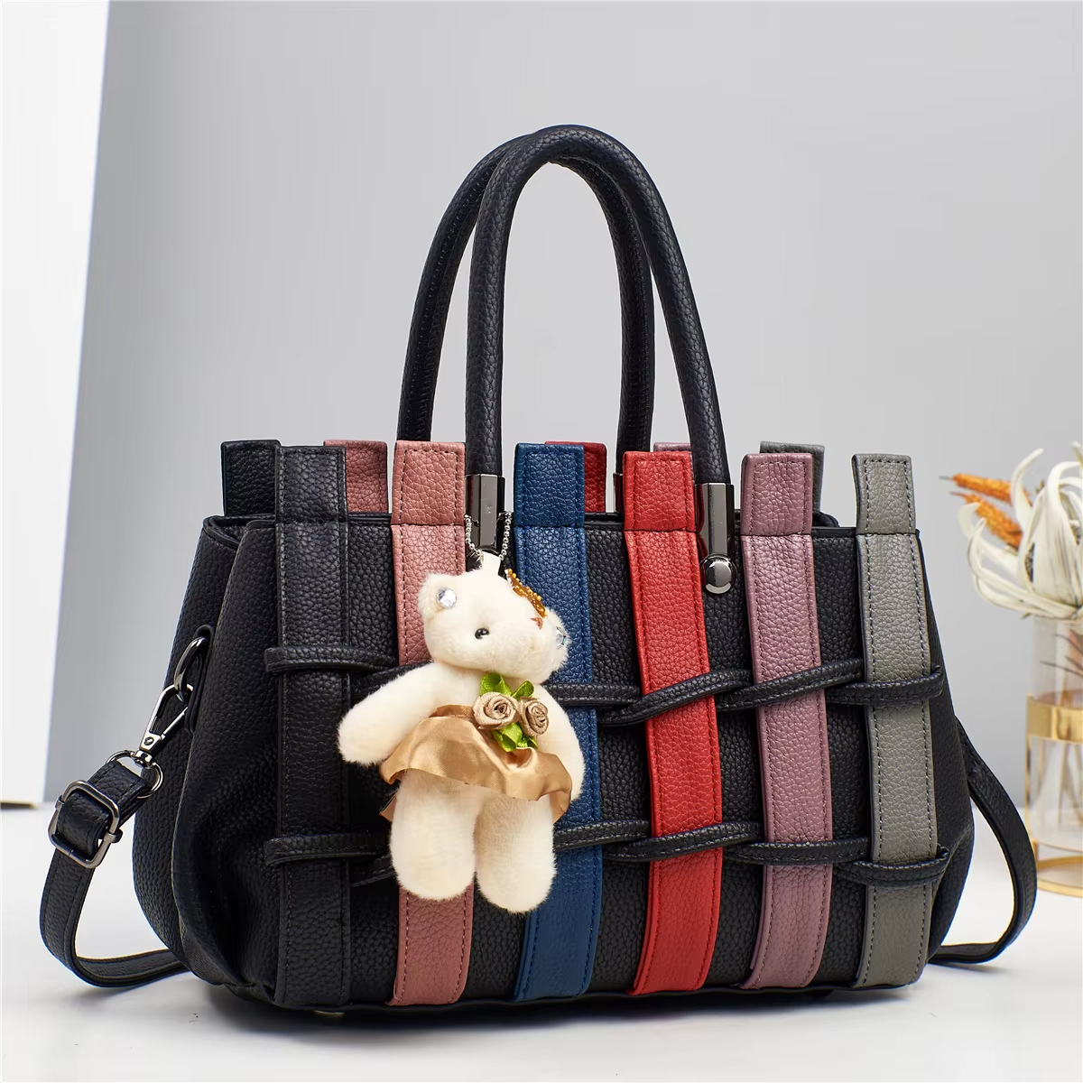 Luxury Patchwork Cute Bear Leather Shoulder Handbag | Lily Bloom